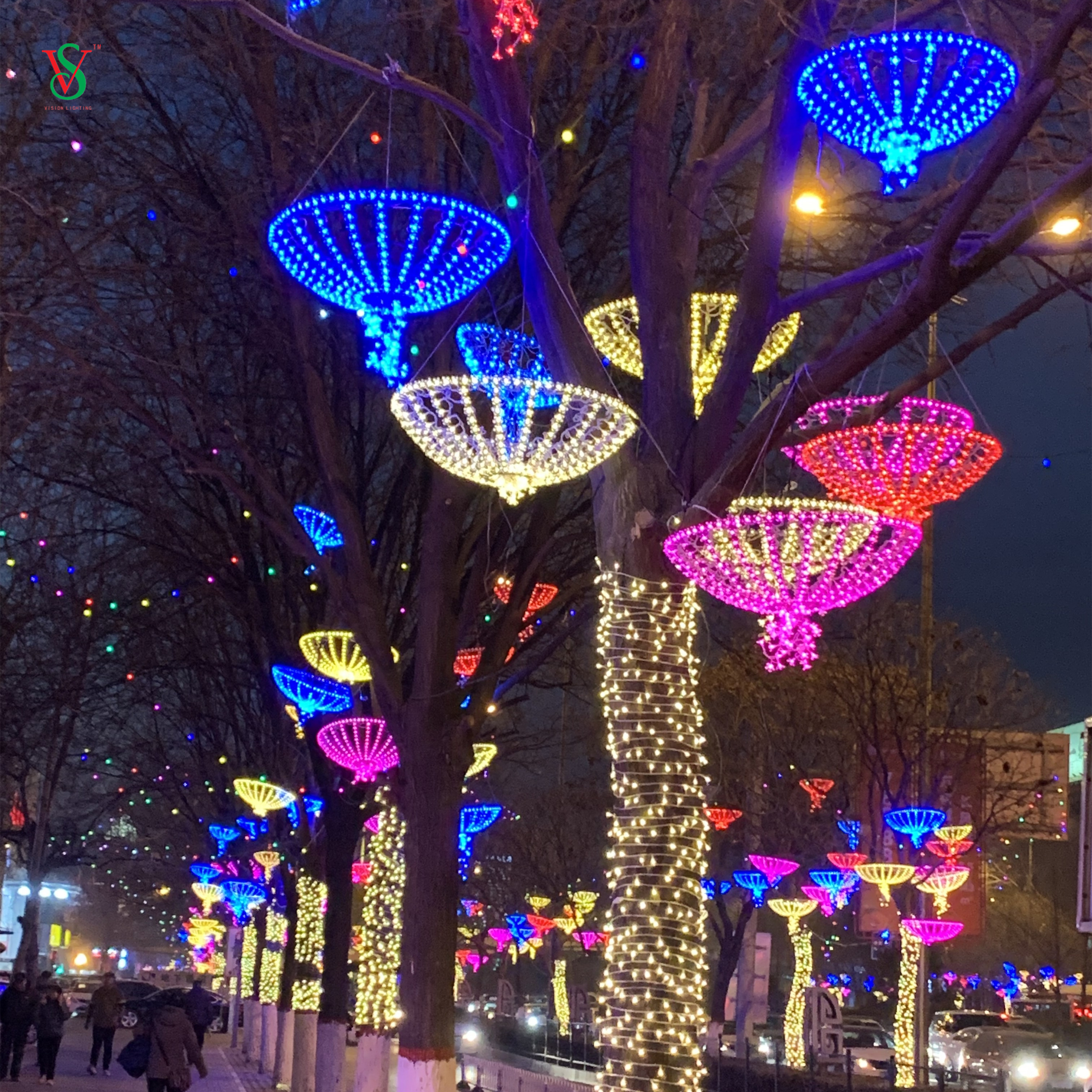 애니메이션 크리스마스 거리 장식 조명 LED 사쿠라 우산 모티브 라이트 