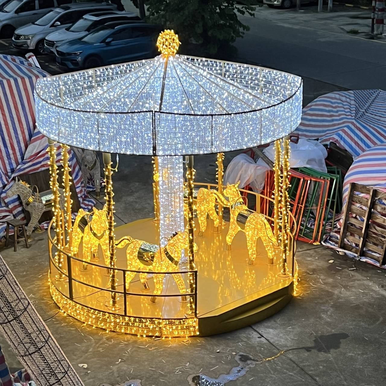 동물원 정원 공원 야외 장식을위한 끈 조명이있는 3D 조명 동물 말 조각